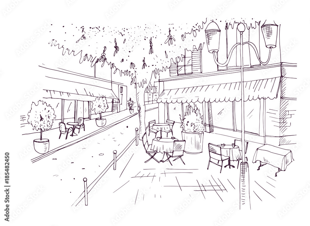 Freehand sketch of European outdoor cafe or coffeehouse with tables covered by tablecloths and chairs standing on city street hand drawn with contour lines on white background. Vector illustration.