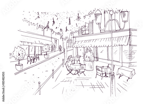 Freehand sketch of European outdoor cafe or coffeehouse with tables covered by tablecloths and chairs standing on city street hand drawn with contour lines on white background. Vector illustration.