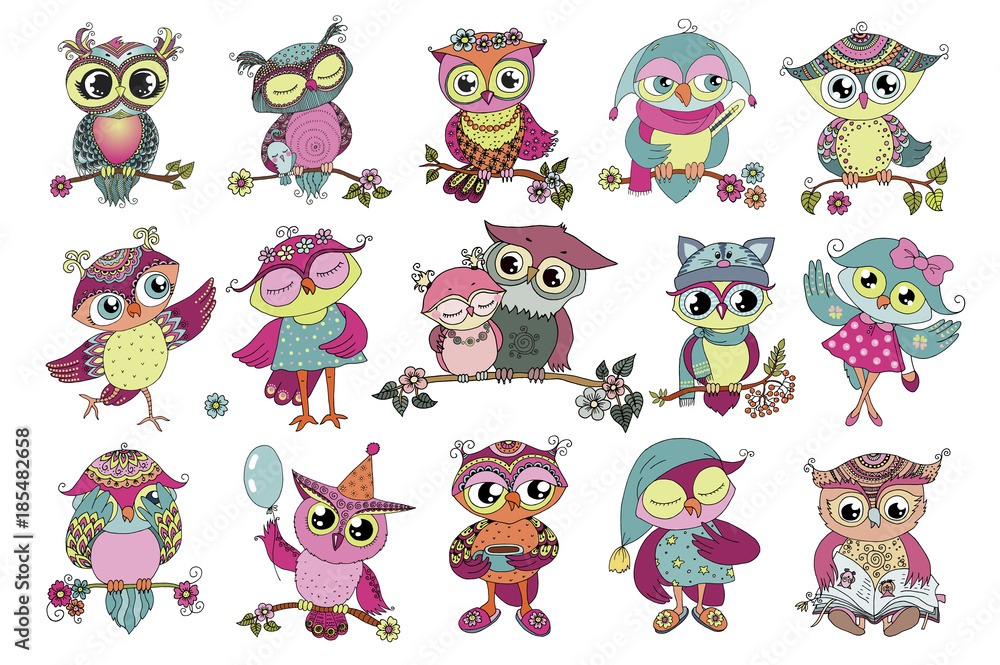 Obraz premium Set of 16 cute colorful cartoon owls
