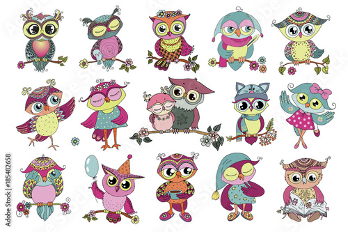 Set of 16 cute colorful cartoon owls