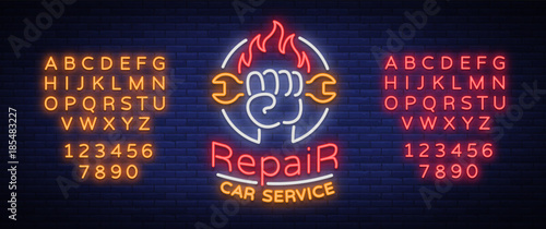 Car service repair logo vector, neon sign emblem. Vector illustration, car repair, shiny signboard for garage for auto repair. A flaming banner, a nightly bright signboard. Editing text neon sign