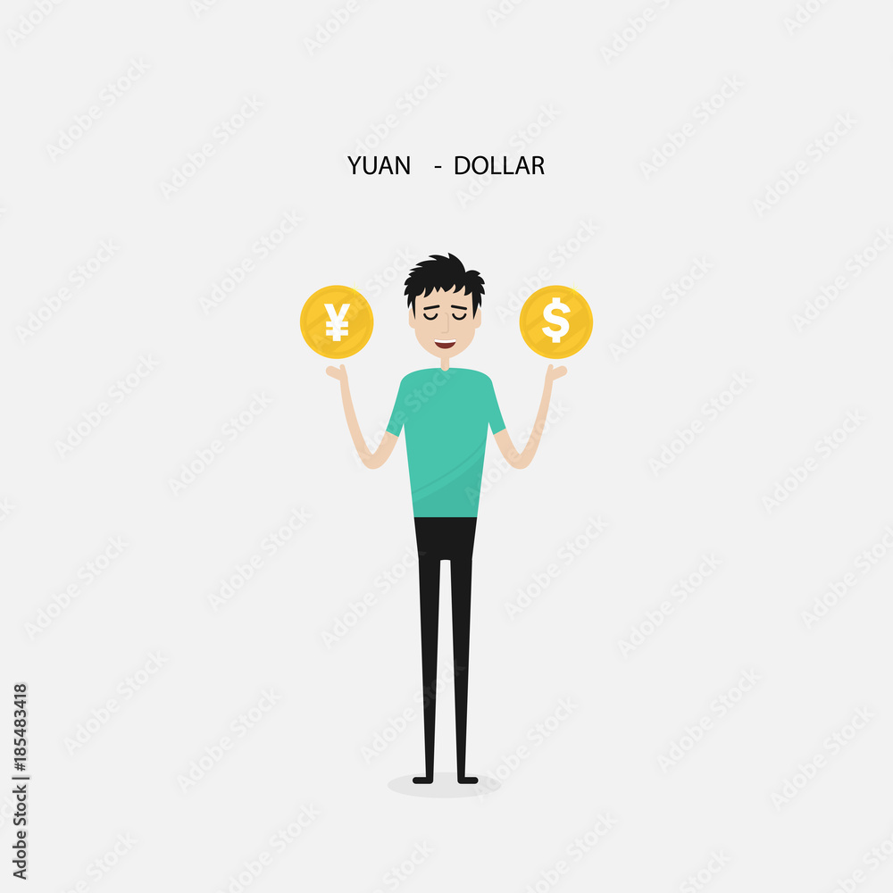 Businessman with US dollar and Yuan sign.Dollar and Yuan exchange concept.Capital investment sign.Currency transaction.Vector illustration. Businessman with US dollar and Yuan sign.Dollar and Yuan exchange concept.Capital investment sign.Currency transaction.Vector illustration.