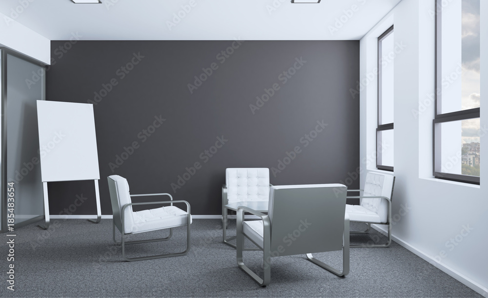 Conference room with wooden table. 3D rendering.