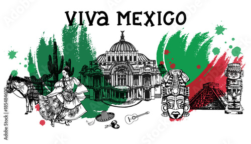 Set of hand drawn sketch style Mexican themed objects. Vector illustration isolated on white background.