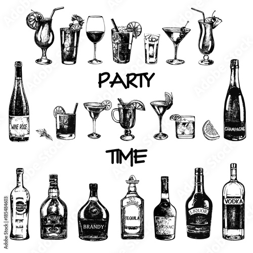 Set of hand drawn sketch style alcoholic drinks and bottles. Vector illustration isolated on white background.