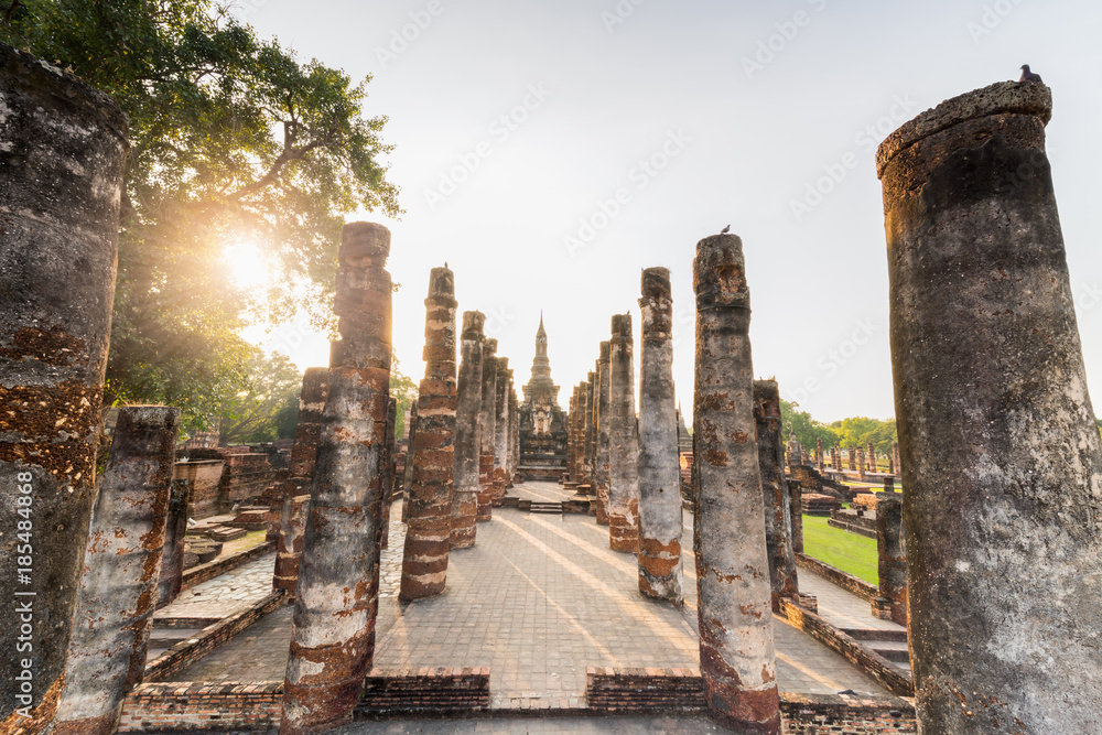 Sukhothai historical park with sunrise.