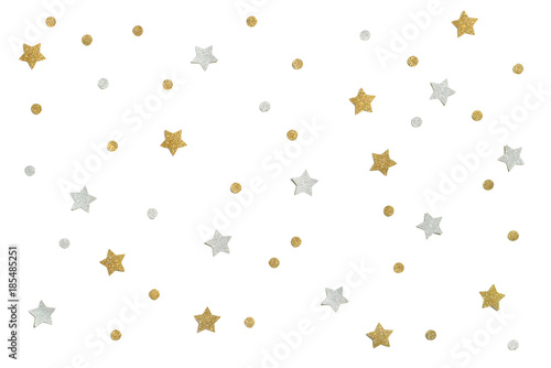 Gold and silver glitter star paper cut on white background - isolated