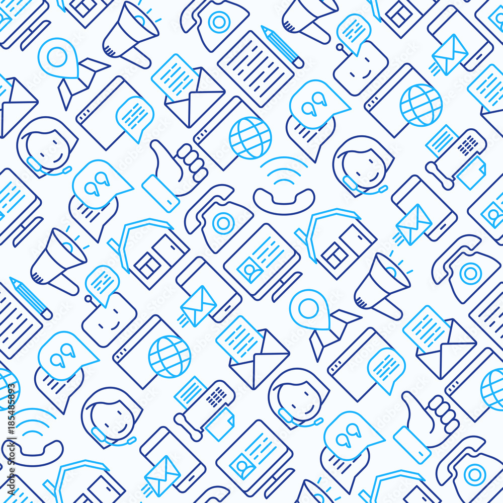 Contact us seamless pattern with thin line icons of telephone, fax, operator call center, e-mail, chat bot, pointer, feedback. Modern vector illustration.