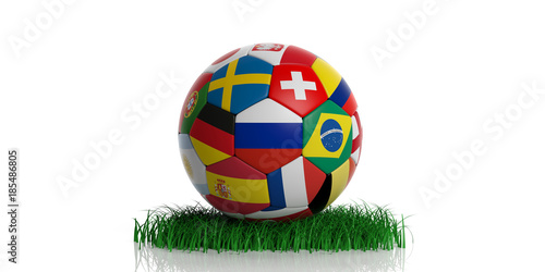 Football soccer ball with world flags on grass  isolated on white background. 3d illustration