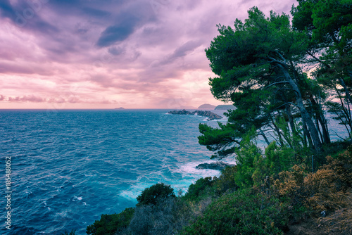 Beautiful sunset seascape during a storm, wild sea coast with rocks and pine trees, Dubrovnik, Croatia photo