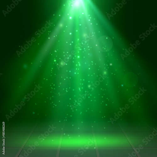 Green spotlights, fog, smoke, Scene, Disco, Light Effects, St. Patrick's Day, Halloween, Vector