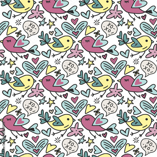 Vector seamless pattern with cute Teddy bears hearts and flowers. Happy Valentines day card.
