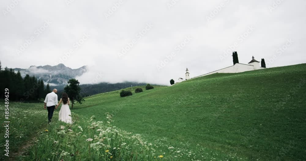 Romantic couple walking around the big green field , holding the hands Romantic couple walking around the big green field , holding the hands