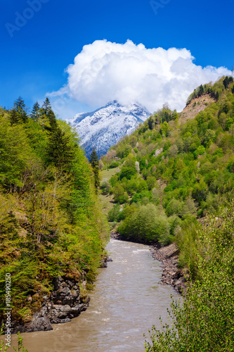 Kutaisi. Rioni River. View on Svaneti mountains