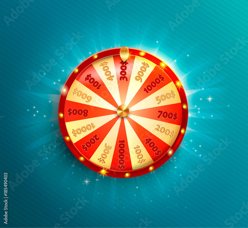 Symbol of spinning fortune wheel in realistic style. Shiny lucky roulette for your design on blue glowing background. Vector illustration.