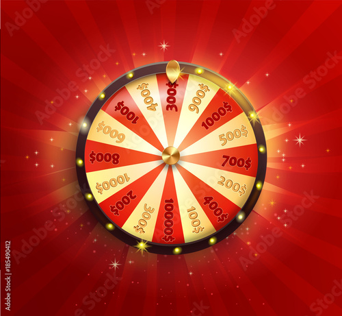 Symbol of spinning fortune wheel in realistic style. Shiny lucky roulette for your design on red glowing sunburst background. Vector illustration.