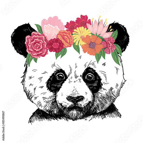 Fototapeta Naklejka Na Ścianę i Meble -  Vector illustration of a cute panda in a floral wreath. Hand drawn graphic, kid print.