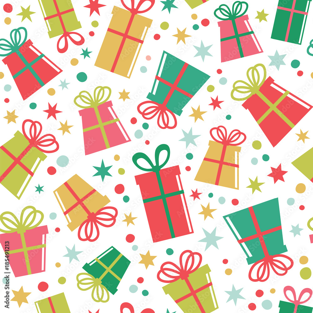 Gift boxes and confetti. Seamless vector pattern. Gift boxes and confetti. Seamless vector pattern.