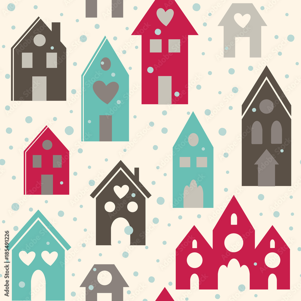 Town in the snow. Seamless vector pattern with houses.