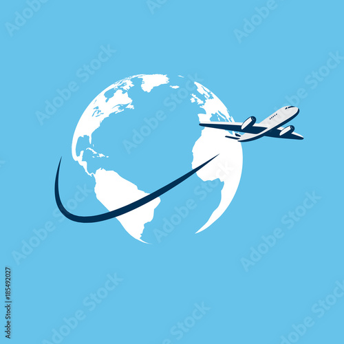 Airplane flying around earth map
