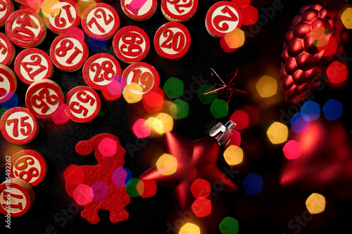 christmas bingo numbers flat style and bokeh lights
