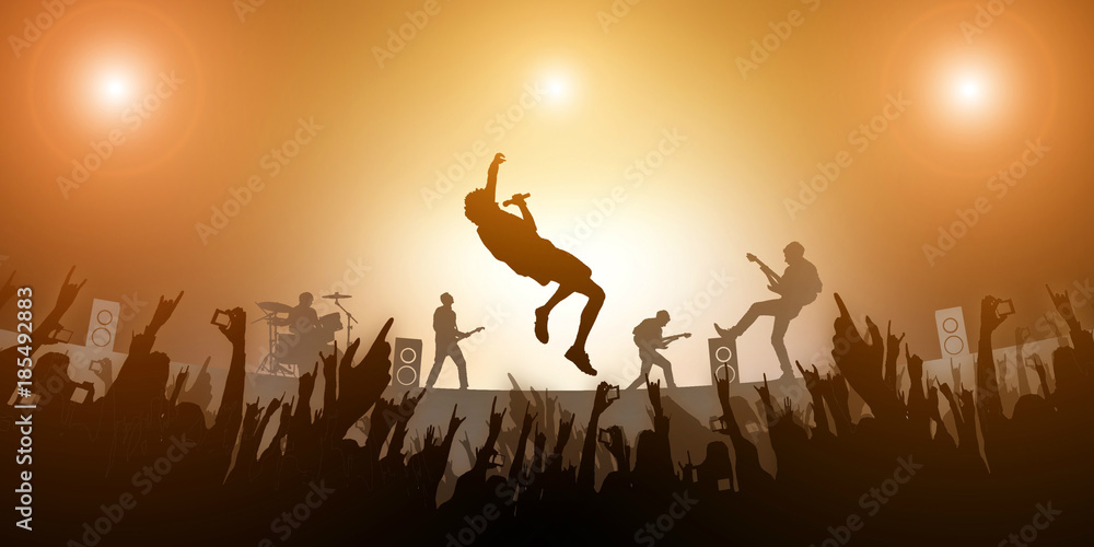 Concert Crowd Party and Music Band Festival Abstract Amber light on Background