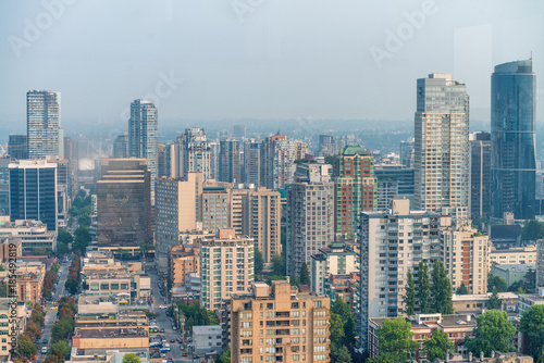 Aerial view of Vancouver Downtown skyline from city rooftop  British Columbia  Canada