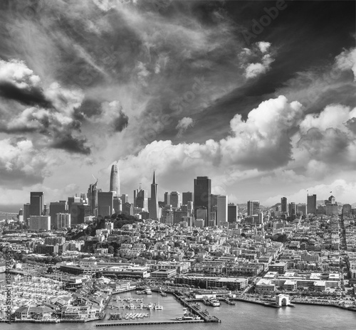 Aerial view of San Francisco skyline and Pier 39 on a beautiful sunny summer day