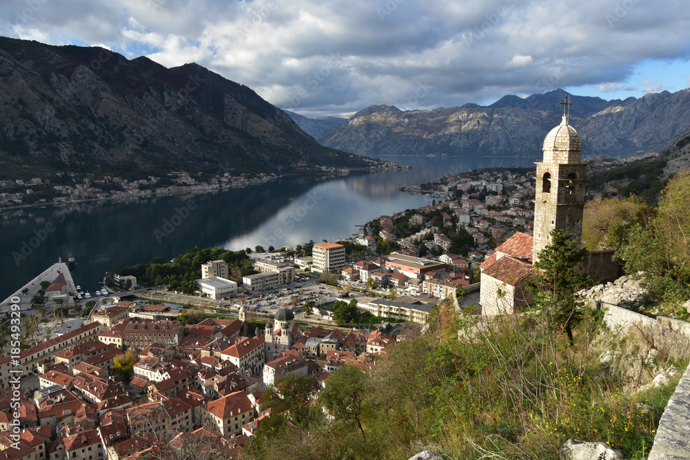 ‘Our Lady of Remedy’ Church high above the town and the bay of Kotor, Montenegro