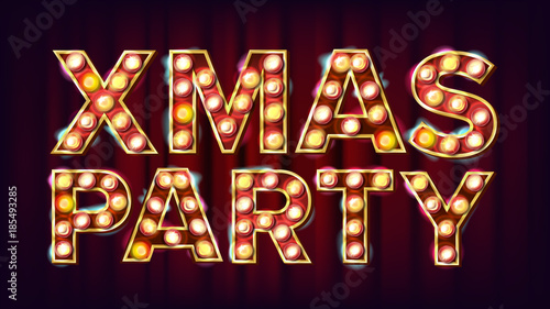 Christmas Retro Party Sign Vector. Realistic Retro Shine Lamp Bulb. Poster, Flyer, Banner, Brochure Template. Christmas Event Advertising. Illustration