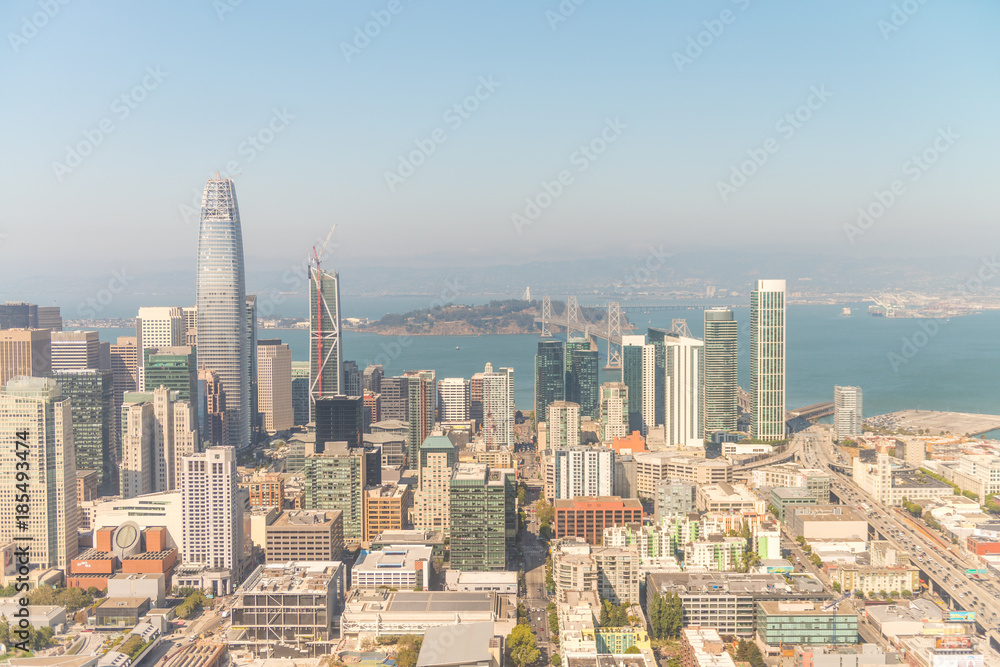 SAN FRANCISCO - AUGUST 2017: Aerial view of San Francisco skyline on a beautiful sunny summer day. The city attracts 20 million tourists annually