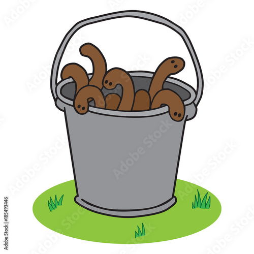 A bucket full of wriggling cartoon earthworms is resting on the ground