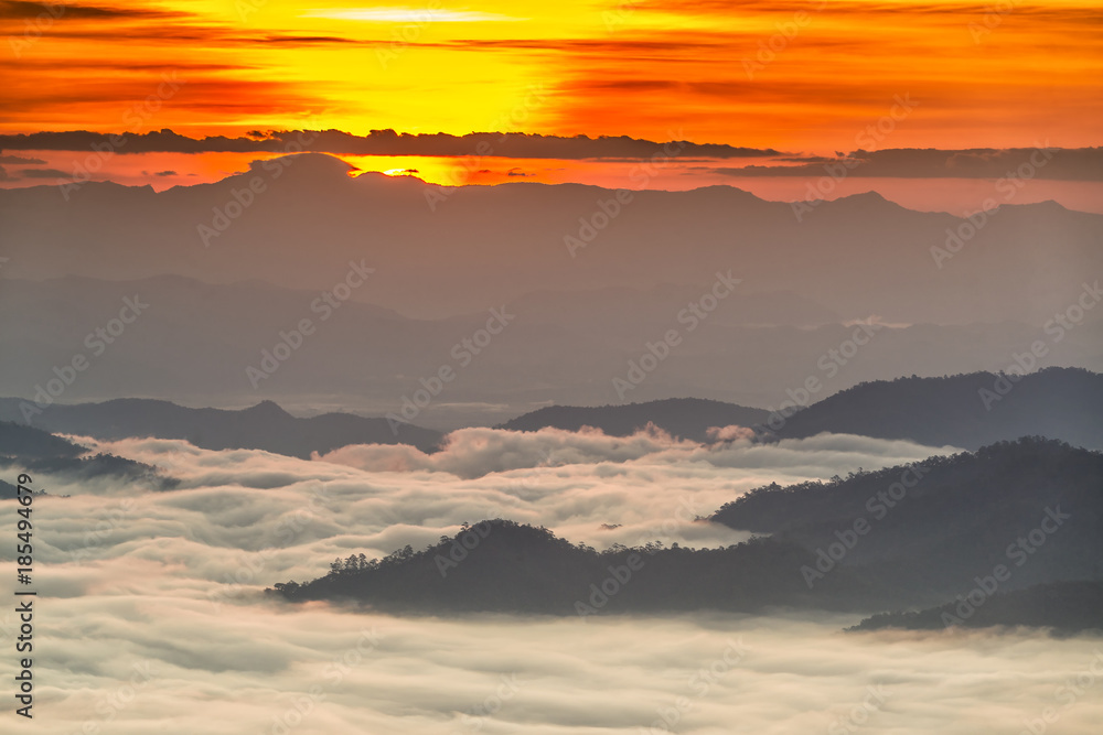 Misty daybreak. Foggy awakening in a beautiful hills, Fall morning mist. Peaks of hills are sticking out from foggy background.