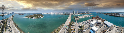 Miami, Florida. Macarthur Causeway panoramic aerial view on a stormy day