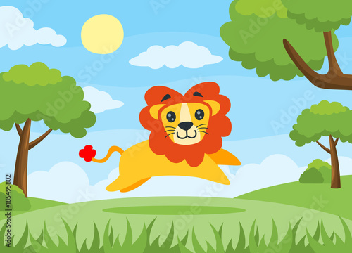 Vector illustration of a Lion running happily. Cartoon lion, perfect for children book