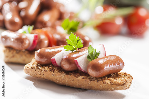 Chicken & Beef cocktail sausage with cherry tomato radish and lemon with green herb with toast bread on green red and bamboo background  with white and green plate