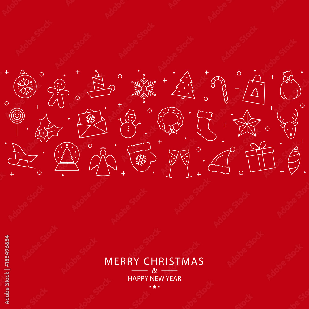 Christmas card of white line icons on red background.