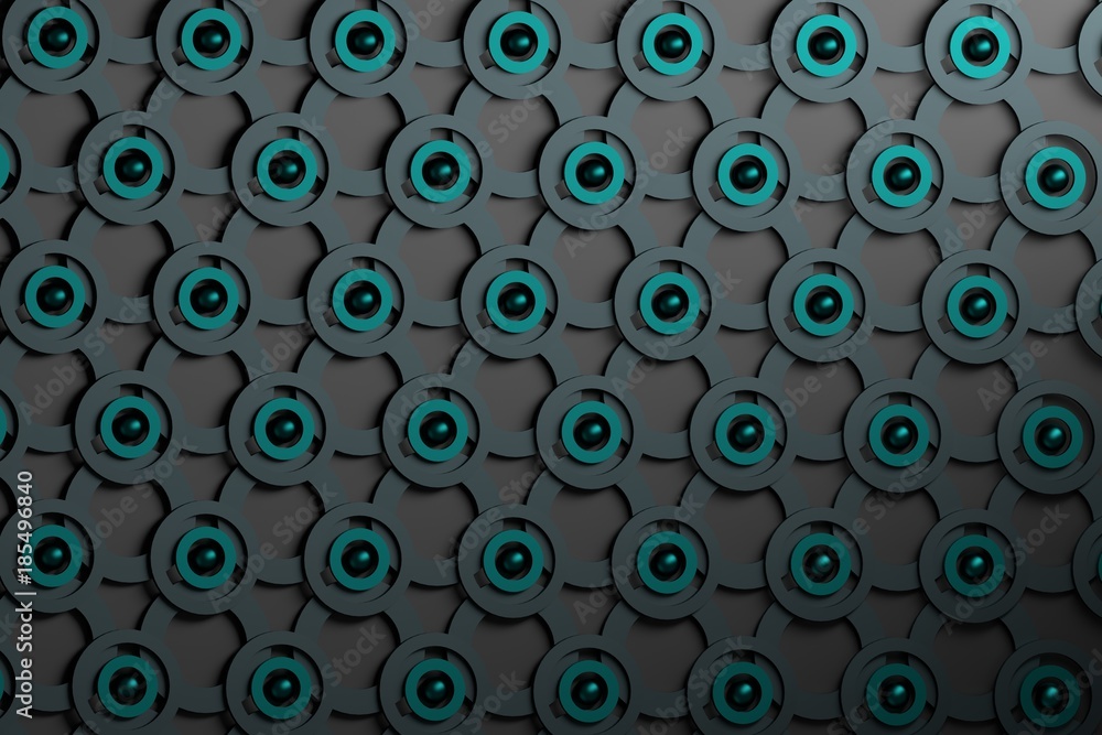 Abstract background with repeating black and blue rings, circles and cyan pearls. 3d illustration.