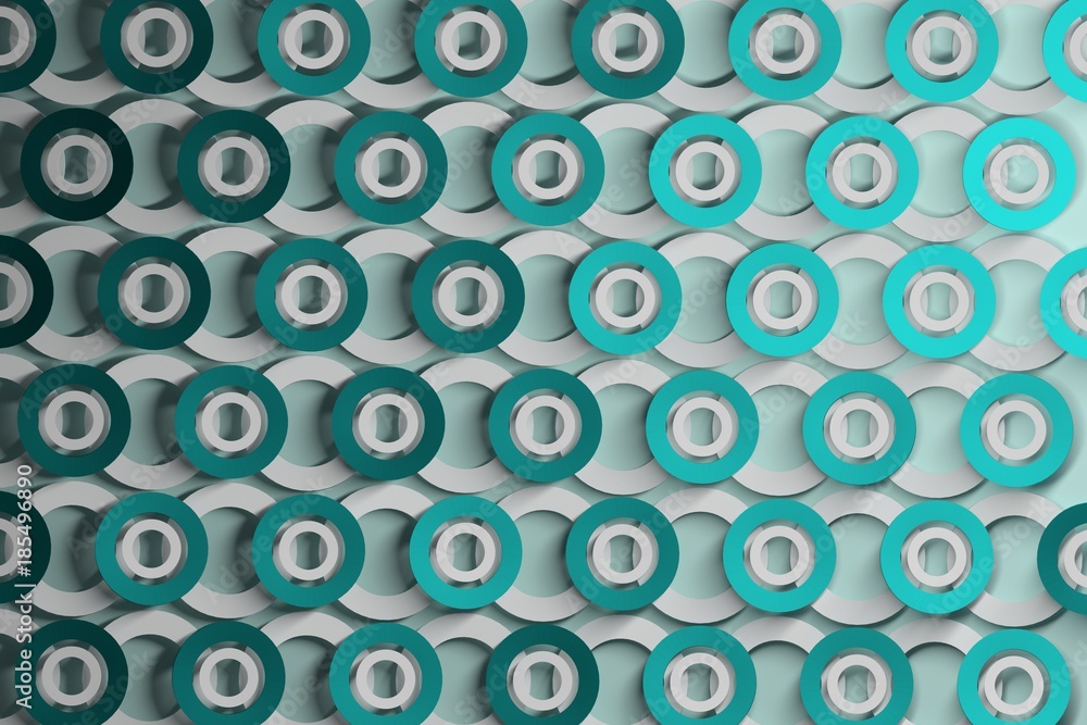 Abstract background with layers of repeating circles in gentle blue to cyan and white colors. 3d illustration.