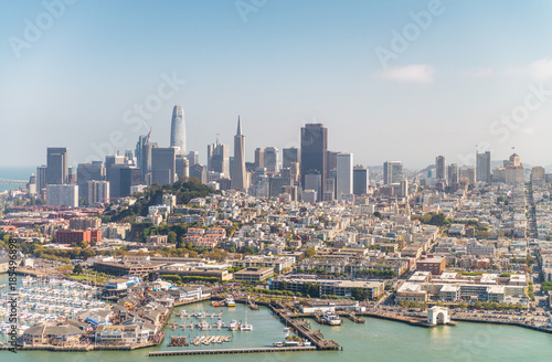 Aerial view of San Francisco skyline and Pier 39 on a beautiful sunny summer day