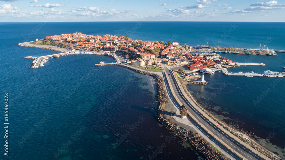 Fototapeta premium General view of Nessebar, ancient city on the Black Sea coast of Bulgaria. Panoramic aerial view.