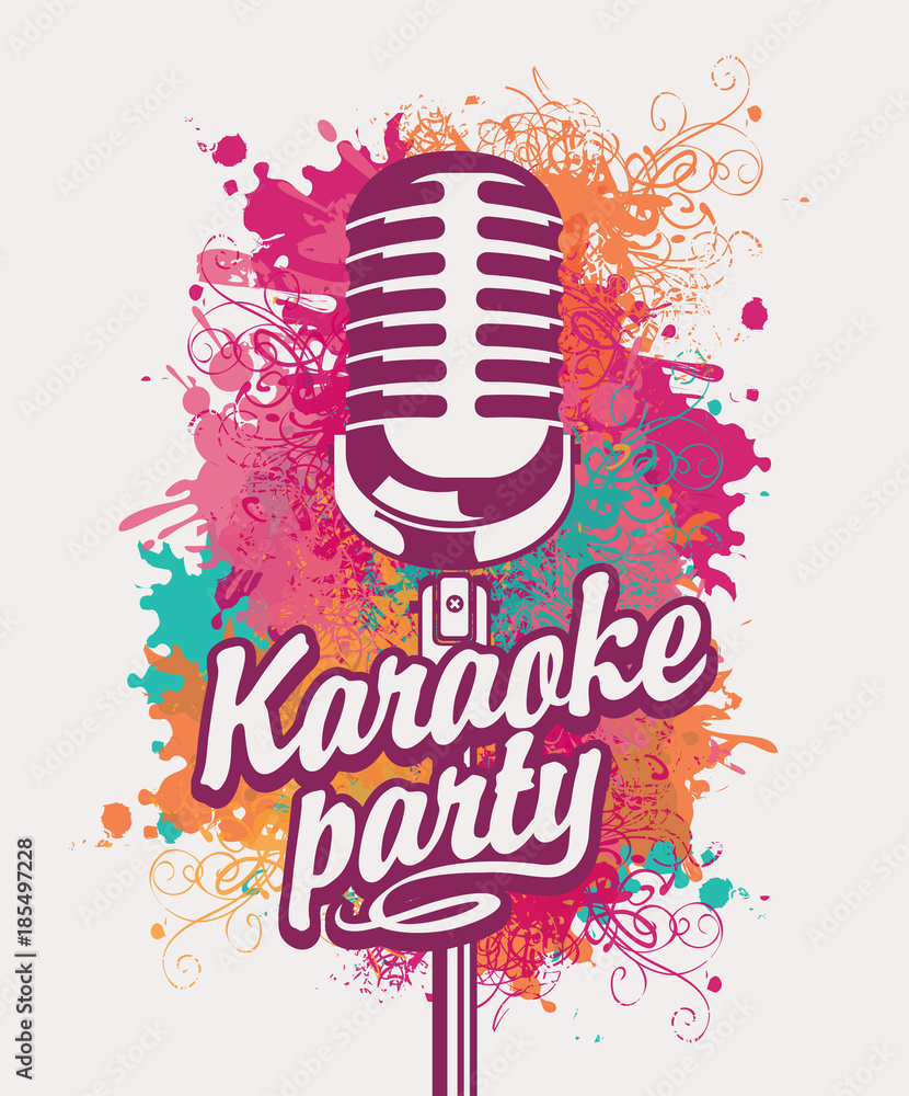 Banner for Karaoke Party with Mic on Colored Spots Stock Vector