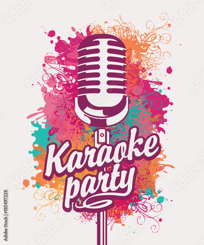 Vector banner with microphone and inscription karaoke party on the art background with colored spots, splashes and curls in grunge style