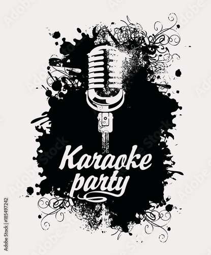 Vector banner with microphone and inscription karaoke party on the black abstract background with splashes and curls in grunge style
