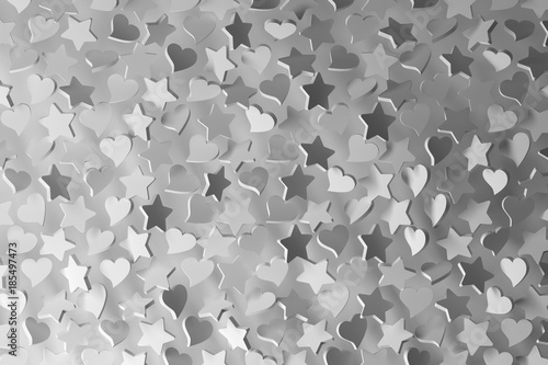 White hearts with stars. Background for Valentine Day or romantic, festive event. Repeating white hearts and stars. 3d illustration.