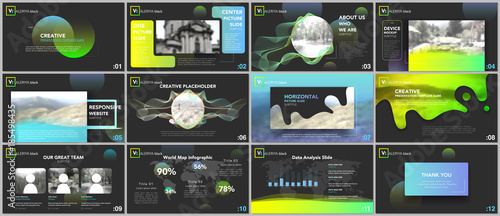 Clean, minimal presentation templates. Colorful elements on black background for your portfolio. Brochure cover vector design. Presentation slides for flyer, leaflet, brochure, report, advertising.