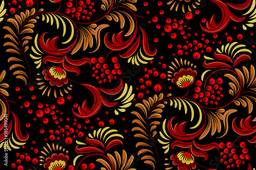 Traditional Russian ornament seamless pattern with elements of folk Khokhloma style. A floral print in gold colors. Vector illustration.