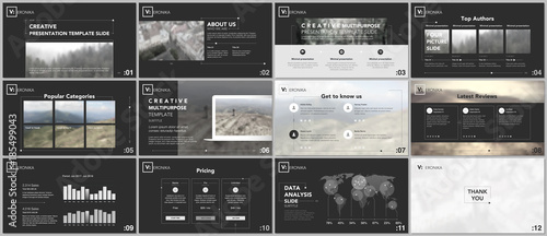 Minimal presentation templates. Simple geometric elements on black background for your portfolio template. Brochure cover vector design. Presentation slides for flyer, brochure, report, advertising.