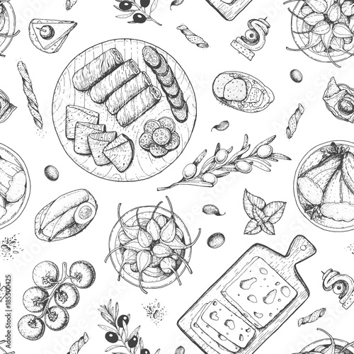 Gourmet snacks seamless pattern. Cheese, sausages, bread hand drawn. Gourmet food menu design template. Engraved style.