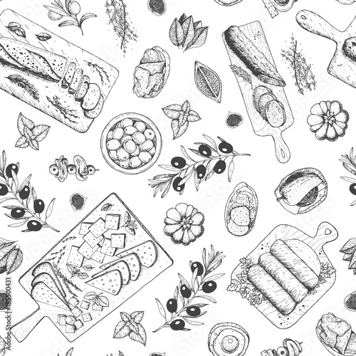 Gourmet snacks seamless pattern. Cheese, sausages, bread hand drawn. Gourmet food menu design template. Engraved style.